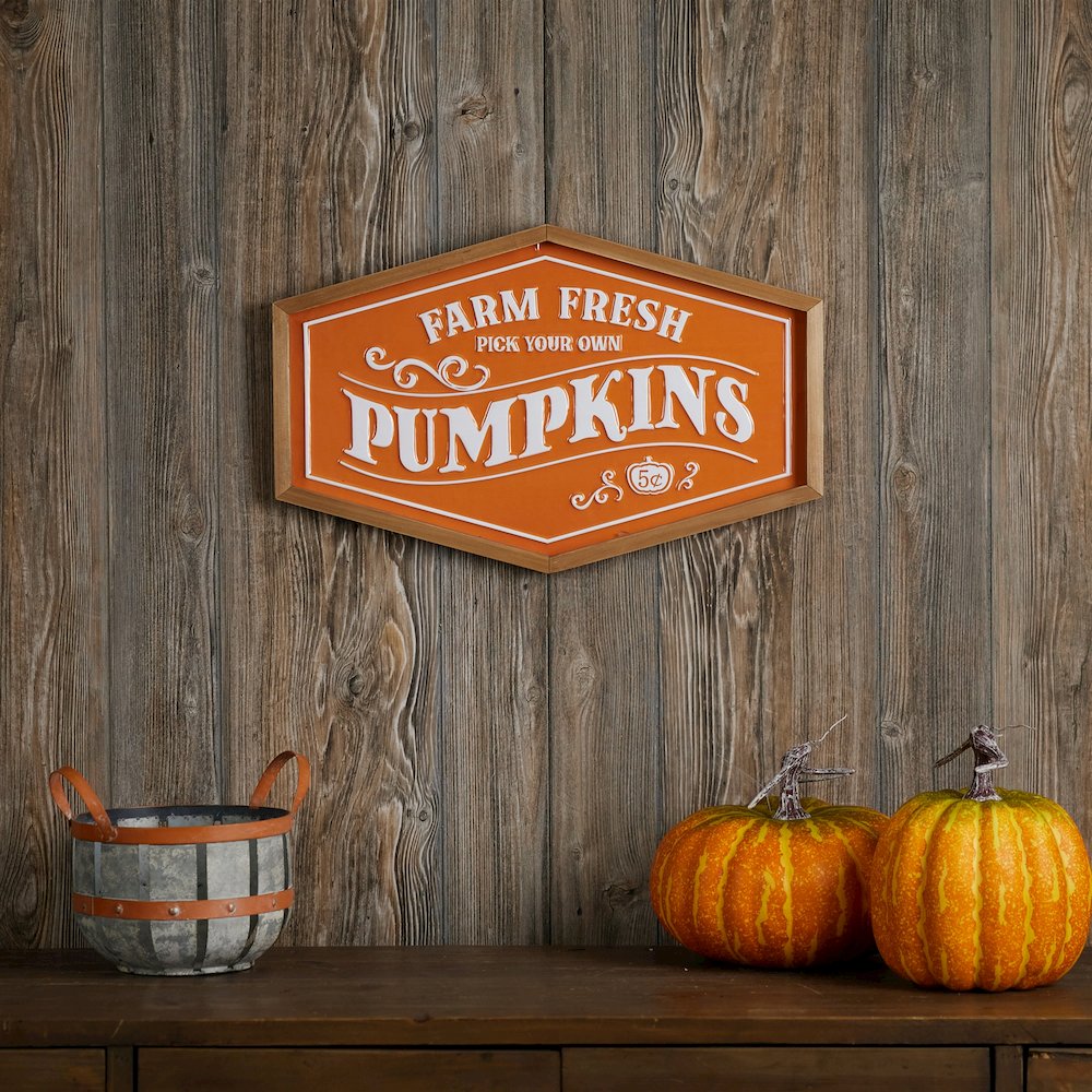 Framed Metal Farm Fresh Pumpkins Sign 19.5"L. Picture 3