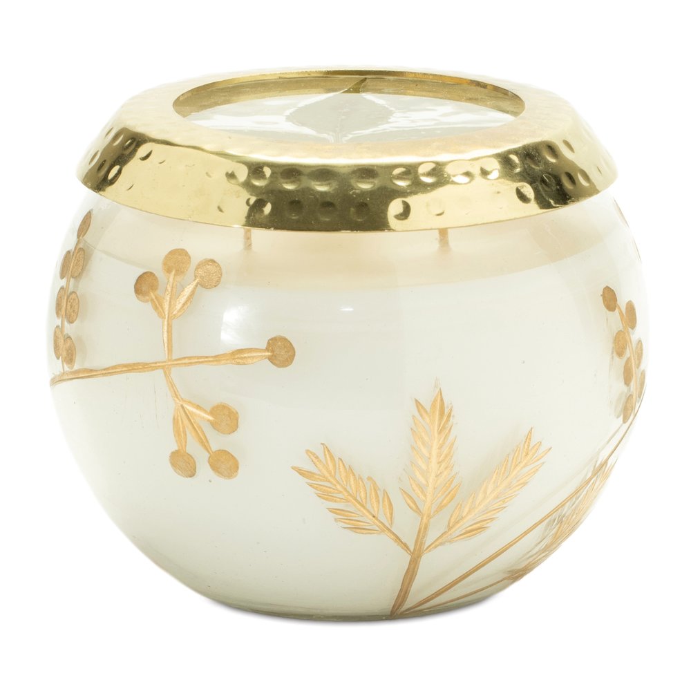 Frosted Juniper Scented Soy Candle with Pressed Leaf Lid 5"D. Picture 1