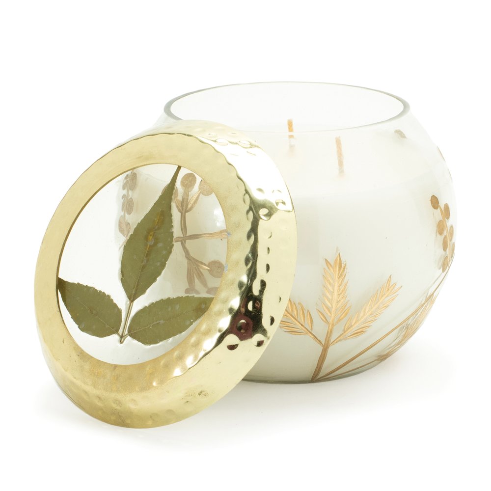 Frosted Juniper Scented Soy Candle with Pressed Leaf Lid 5"D. Picture 3