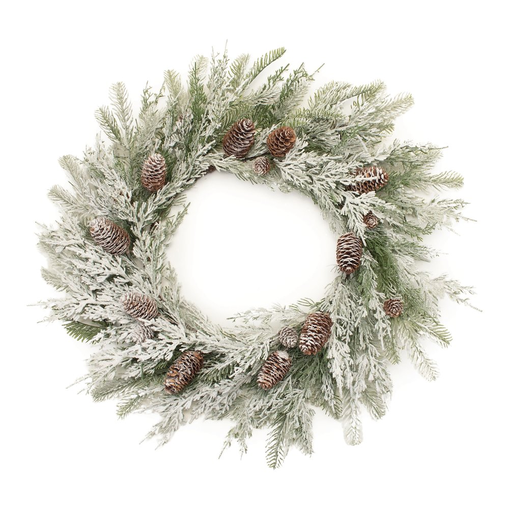 Flocked Mixed Pine and Pinecone Wreath 27"D. Picture 1