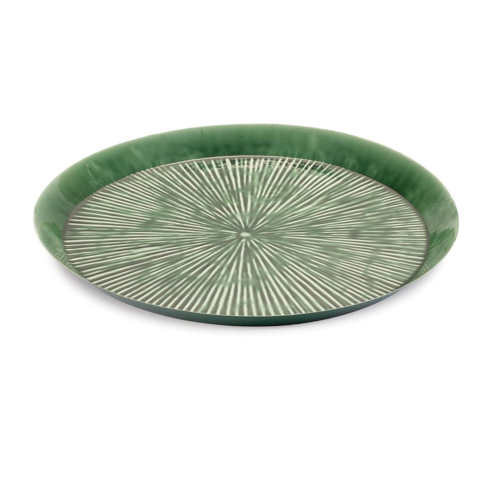 Round Etched Metal Tray 13.5"D. Picture 1