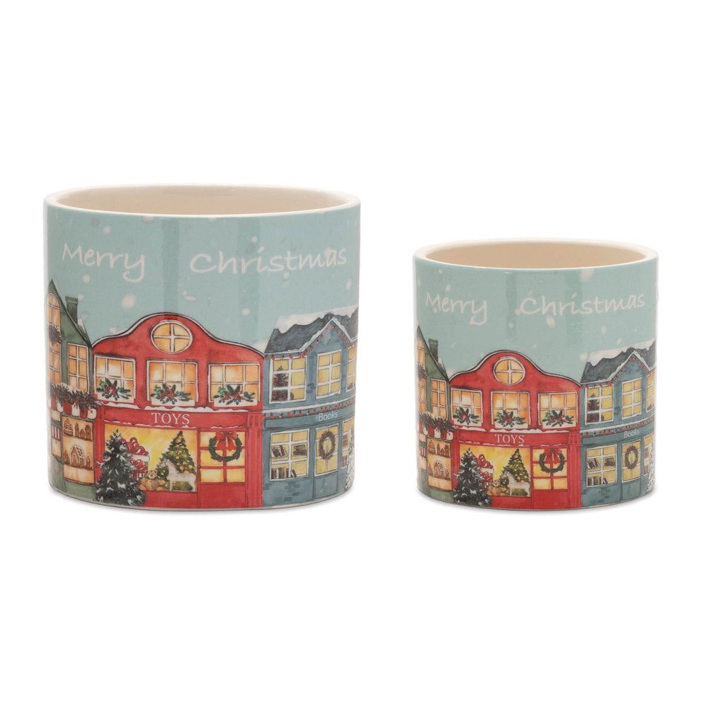Merry Christmas Village Planter (Set of 2). Picture 1