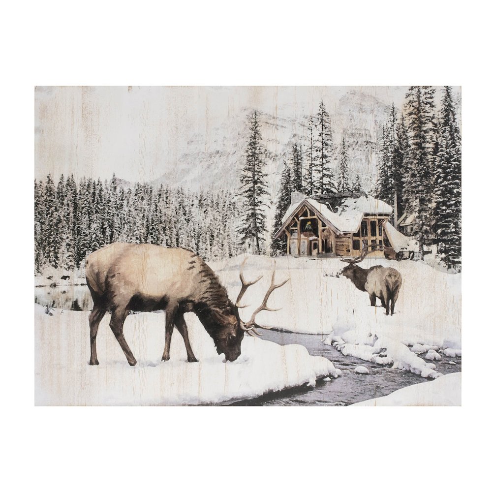 Wooden Winter Reindeer and Lodge Plaque 17.5"H. Picture 1