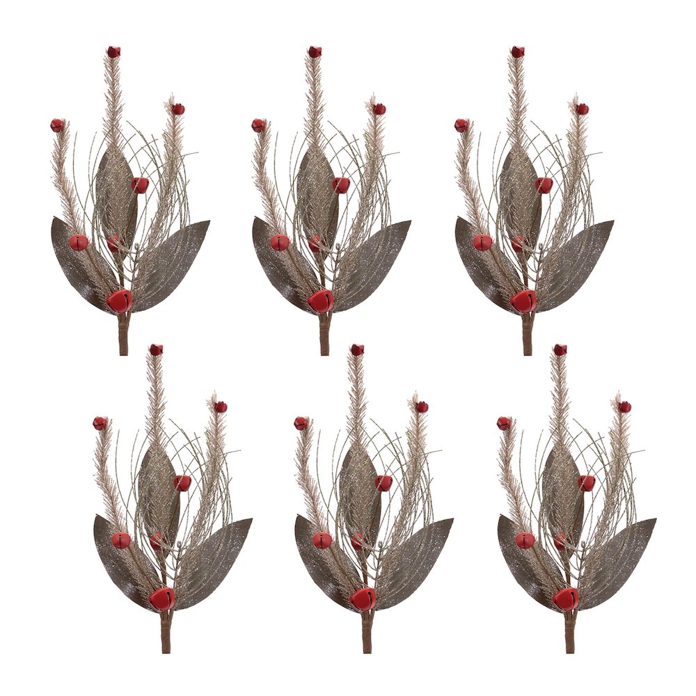 Glittered Pine and Sleigh Bell Spray (Set of 6). Picture 3