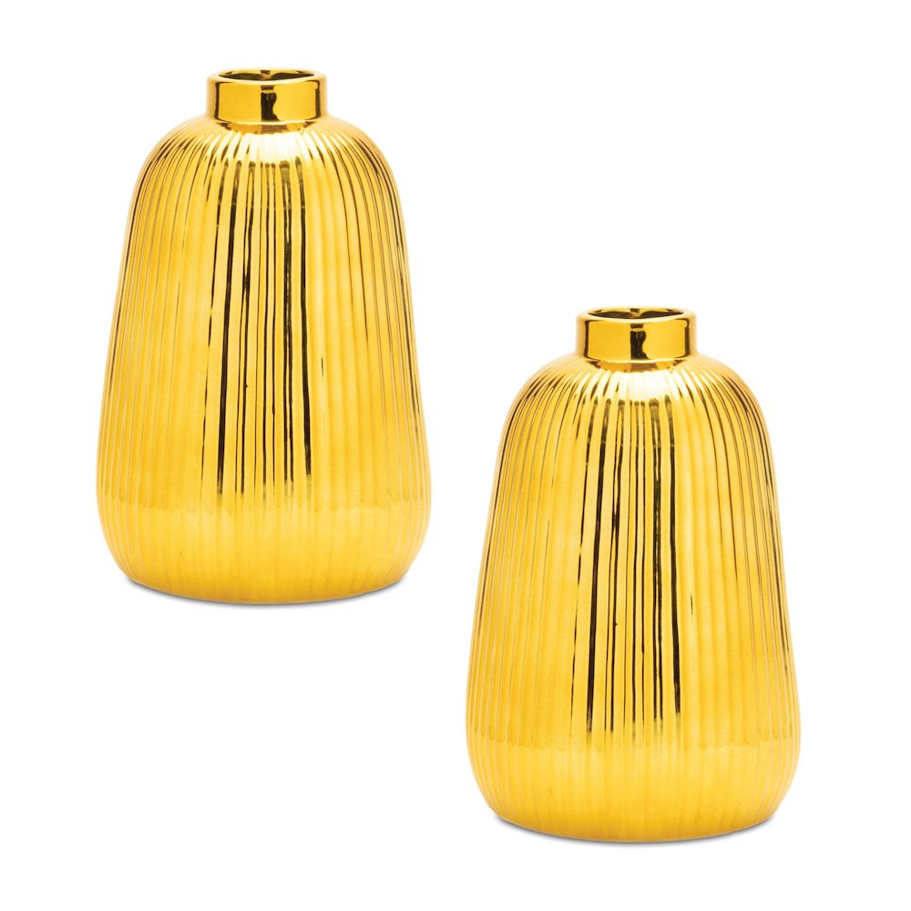 Ribbed Metallic Ceramic Vase (Set of 2). Picture 2