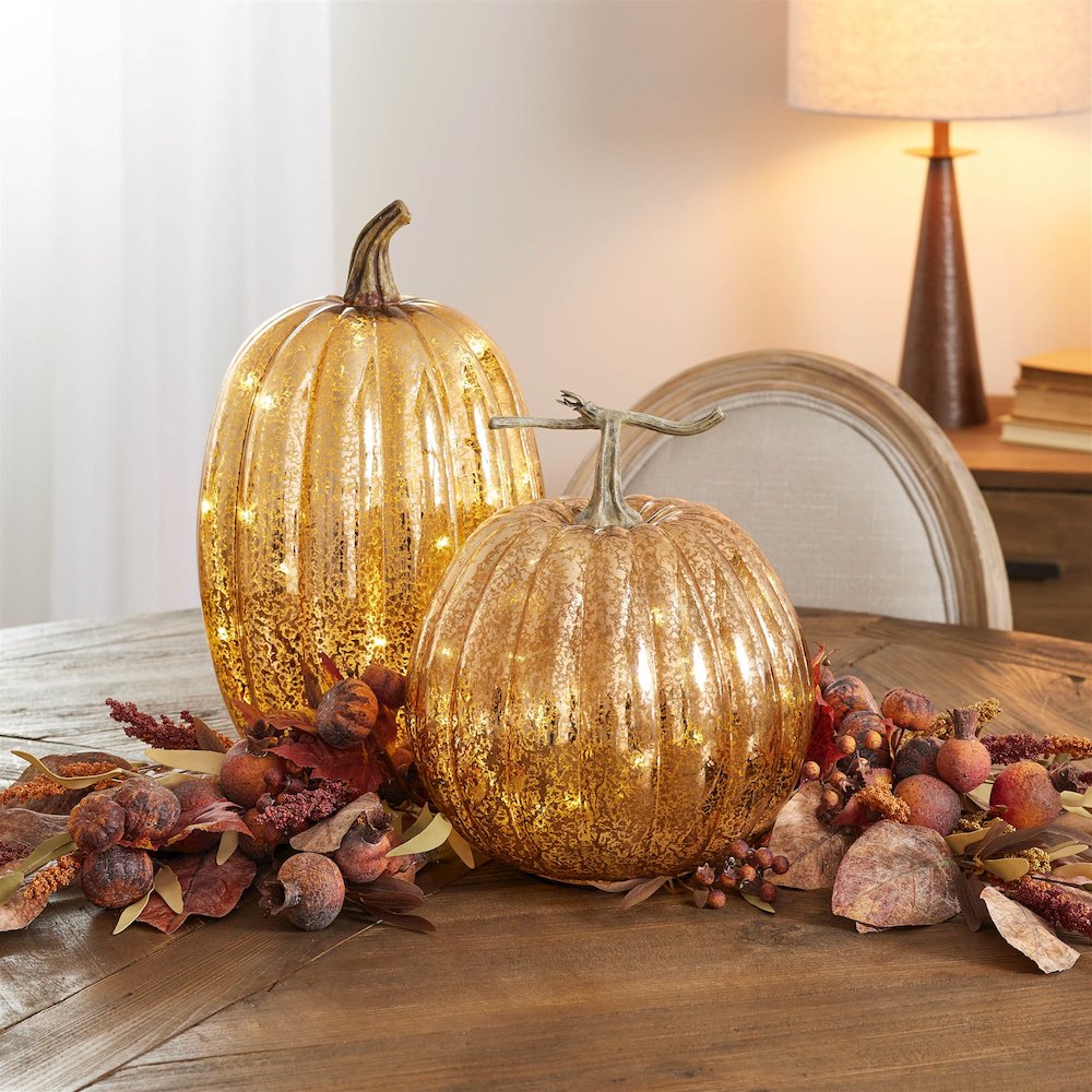 LED Mercury Glass Pumpkin Decor (Set of 2). Picture 2