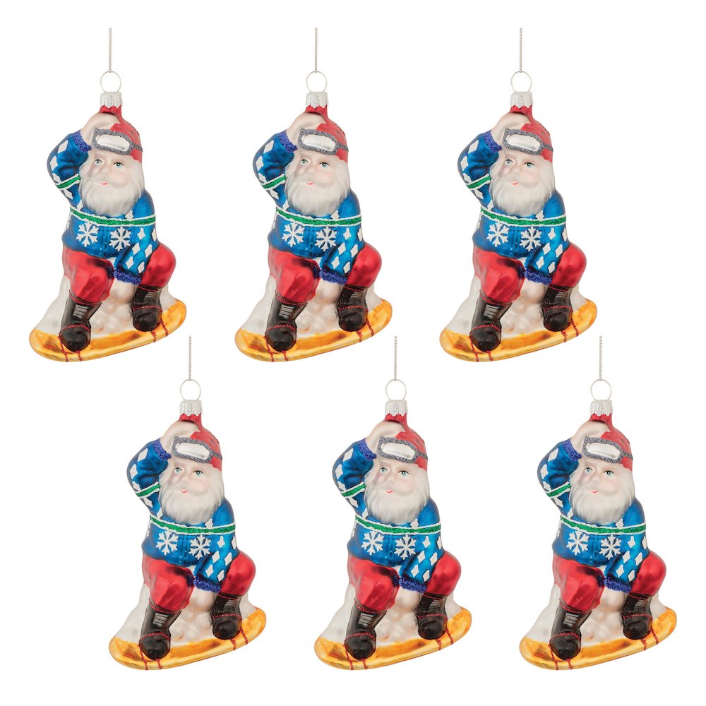 Glass Snowboarding Santa Ornament (Set of 6). Picture 3
