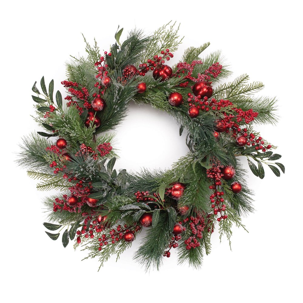 Mixed Pine Berry and Ornament Wreath 24"D. Picture 1