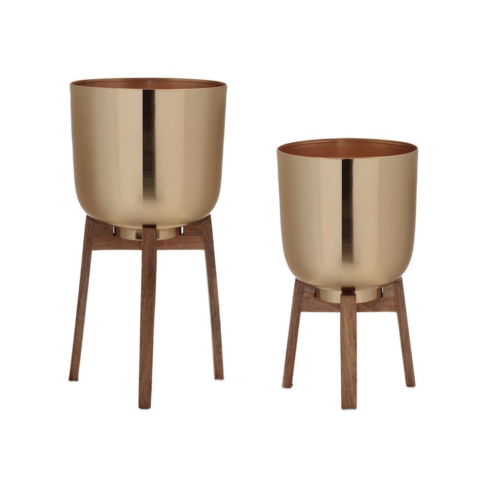 Round Metal Planter with Wooden Stand (Set of 2). Picture 1