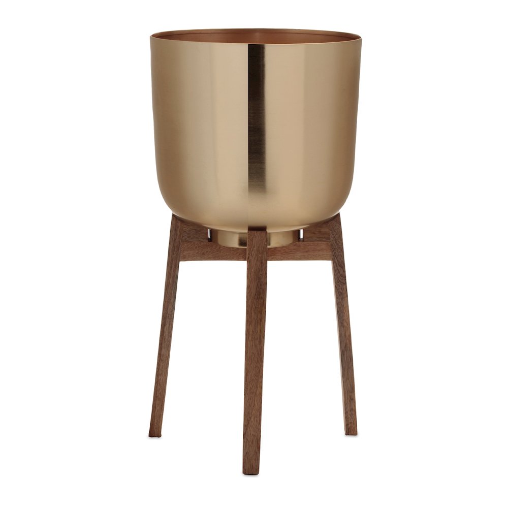 Round Metal Planter with Wooden Stand (Set of 2). Picture 2