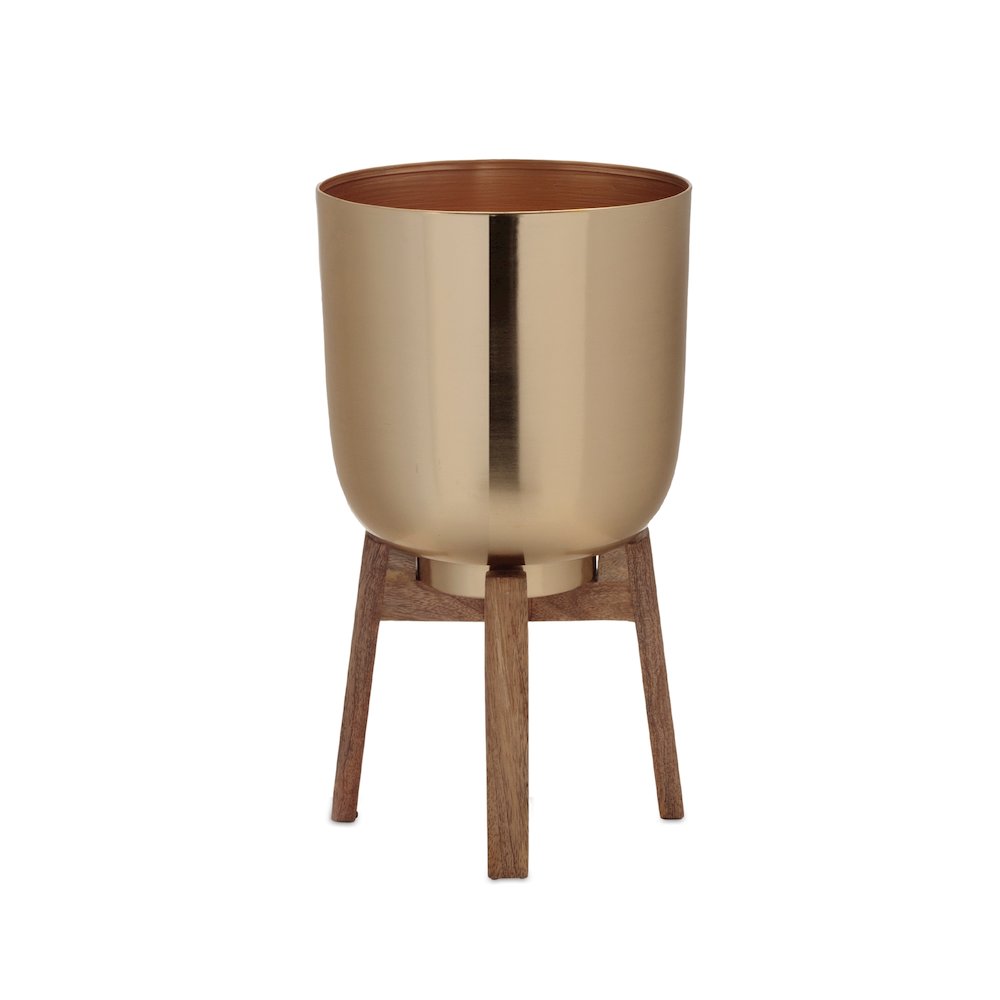 Round Metal Planter with Wooden Stand (Set of 2). Picture 3