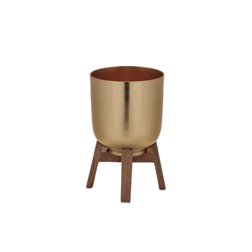 Round Metal Planter with Wooden Stand (Set of 2). Picture 4