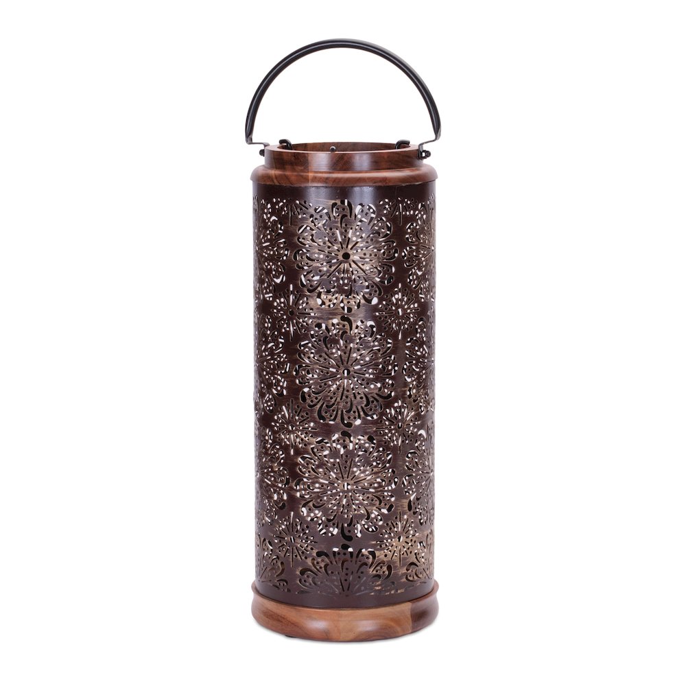 Punched Metal Lantern with Natural Wood Accents 19"H. Picture 1