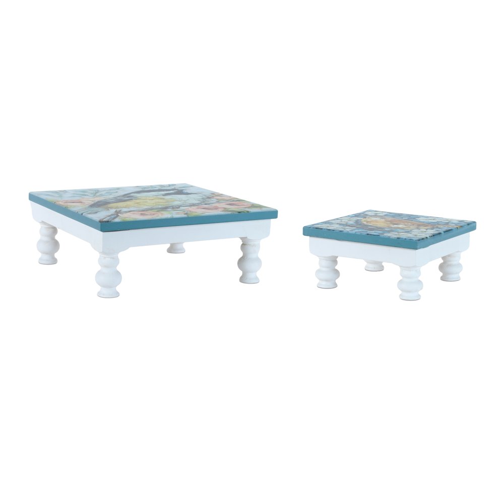 Wooden Floral Bird Pedestal Tray (Set of 2). Picture 1