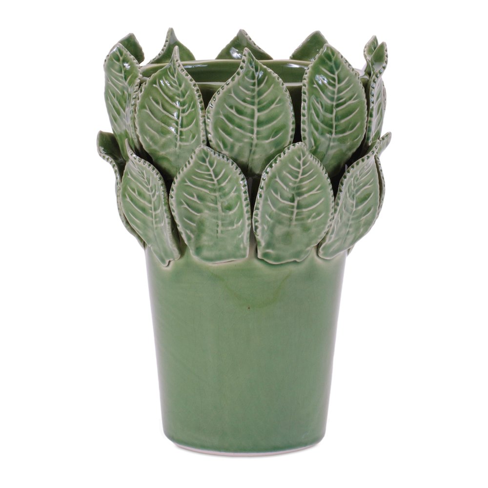 Stoneware Vase with Leaves Accent 7.5"H. Picture 1