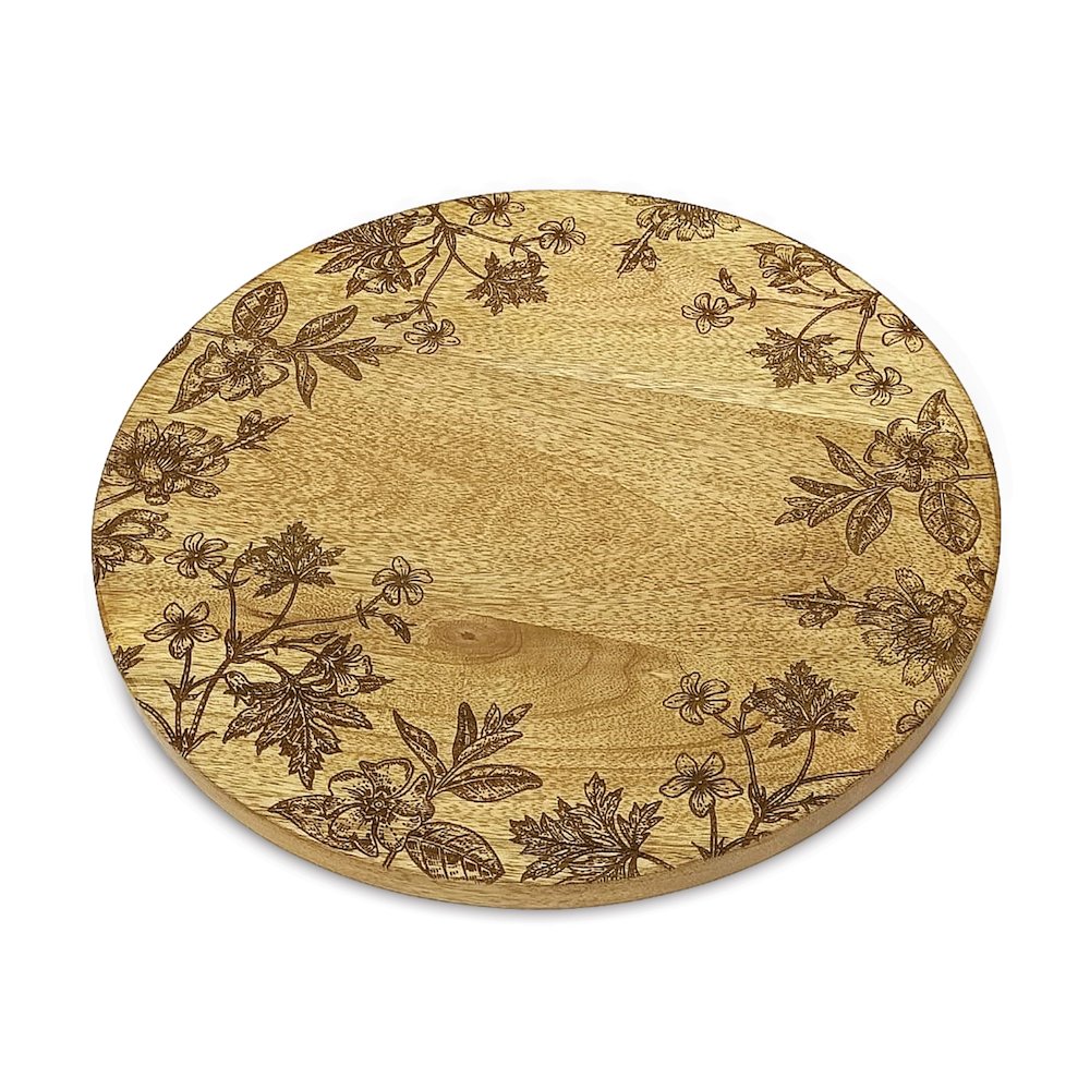 Floral Etched Mango Wood Tray. Picture 1