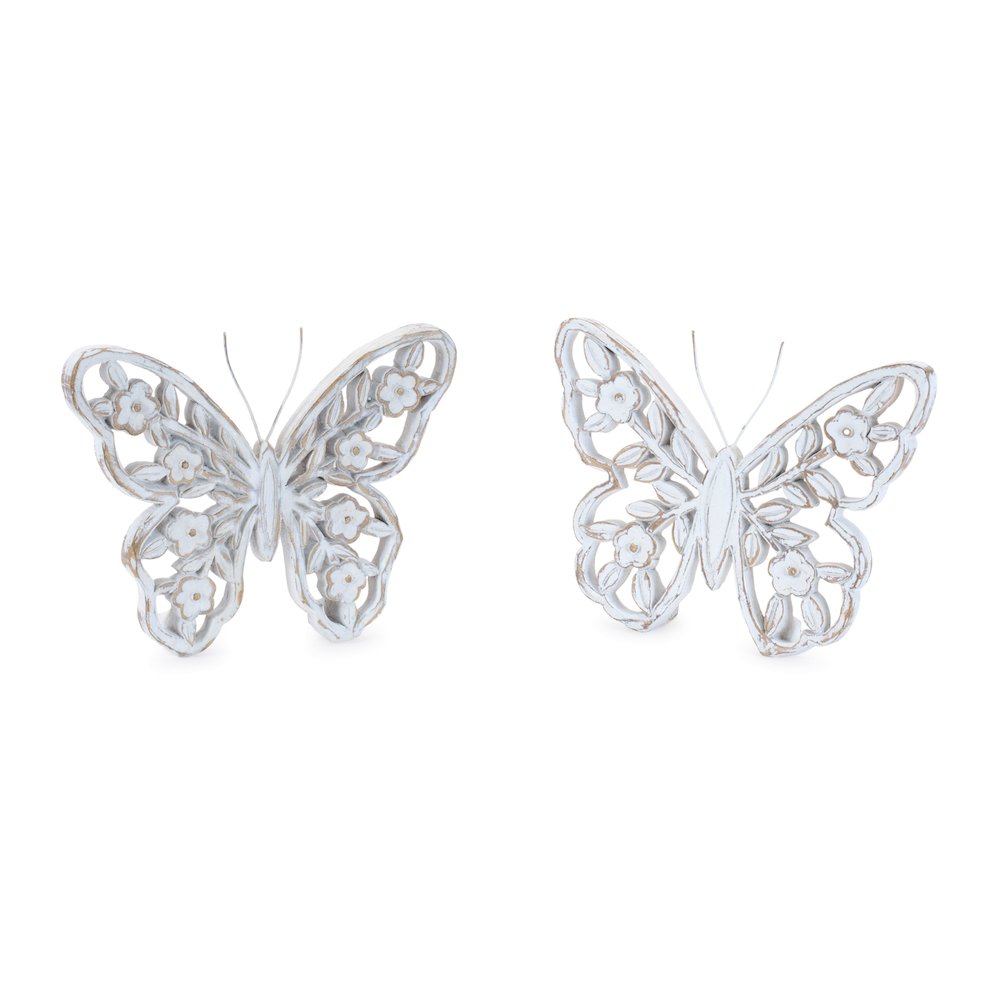 White Washed Floral Butterfly Decor (Set of 2). Picture 1