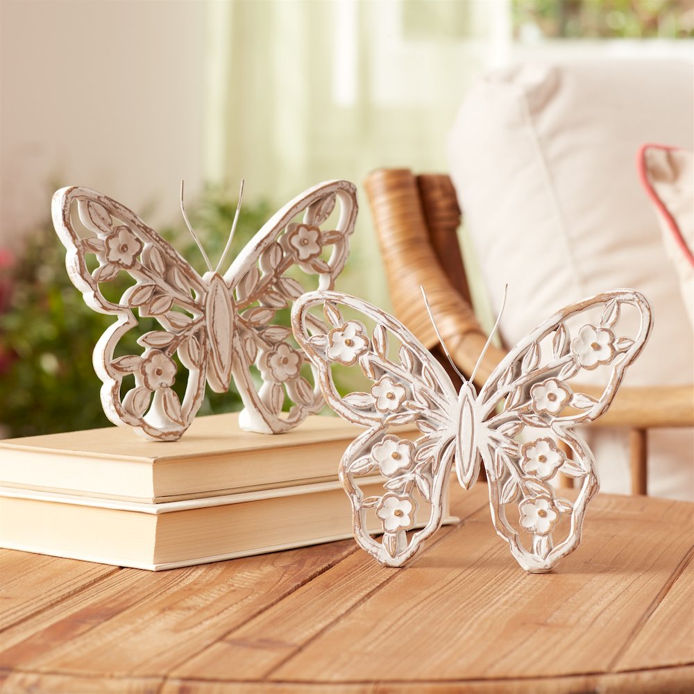 White Washed Floral Butterfly Decor (Set of 2). Picture 2