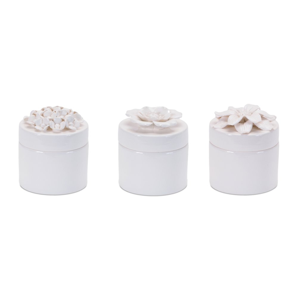 Stoneware Box with Floral Lid Accent (Set of 3). Picture 1