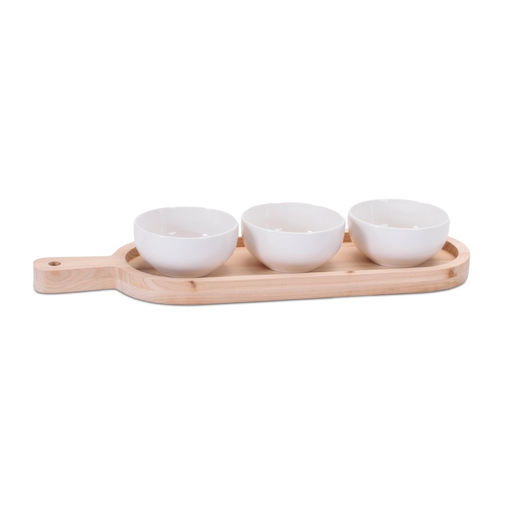 Ceramic Dip Bowl Set with Wood Tray 17"L. Picture 1