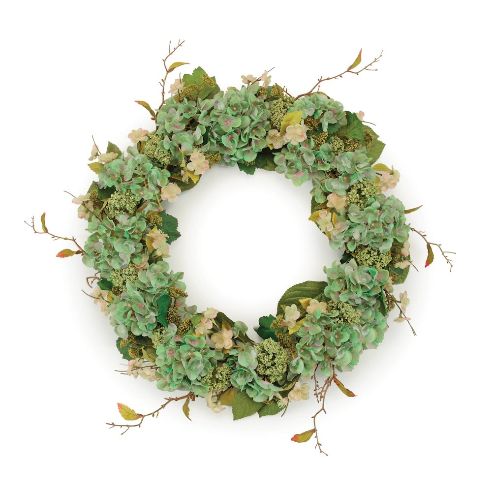 Hydrangea and Seedum Floral Wreath 32"D. Picture 1