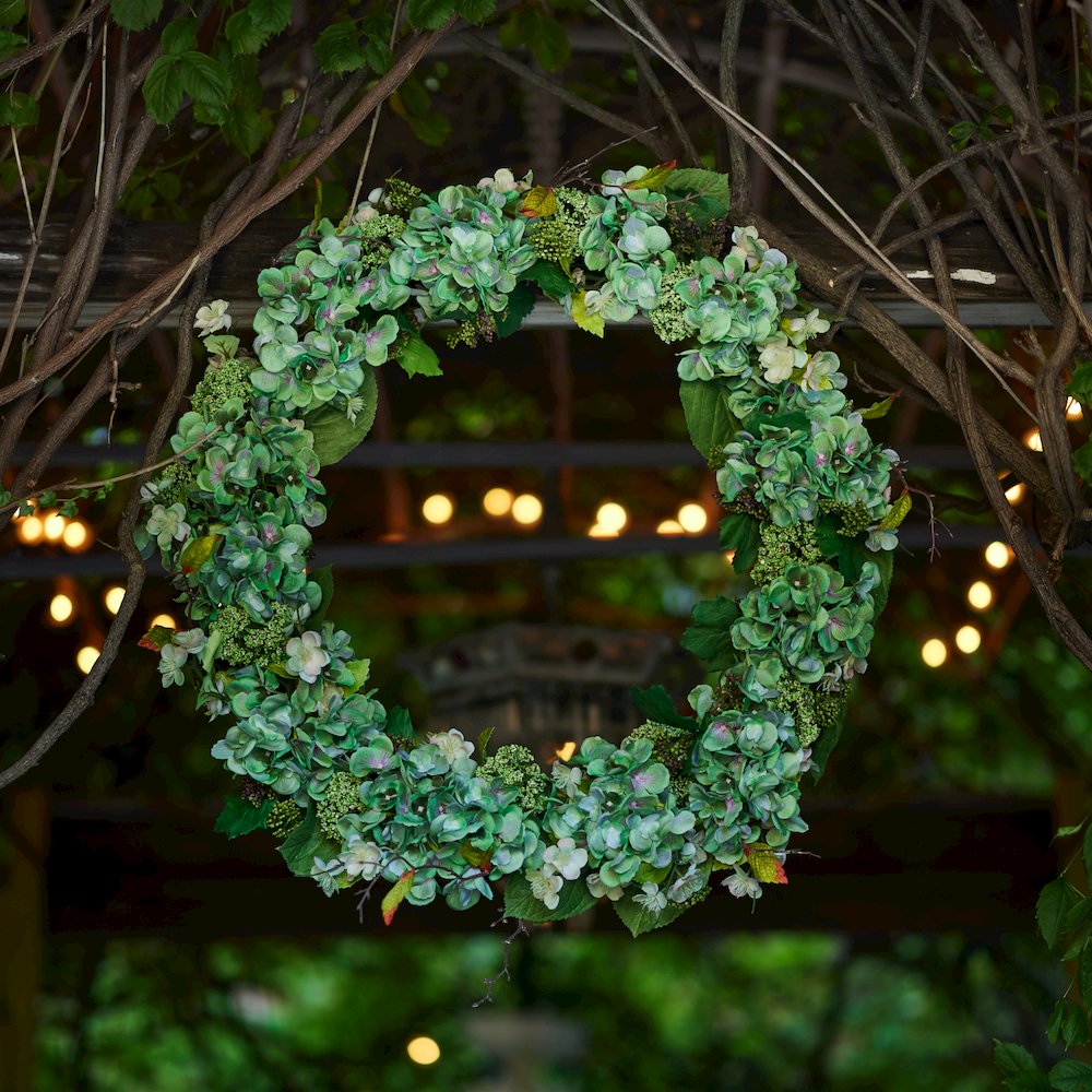 Hydrangea and Seedum Floral Wreath 32"D. Picture 2