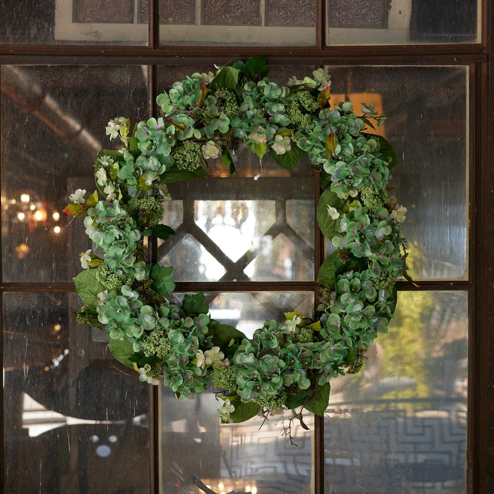 Hydrangea and Seedum Floral Wreath 32"D. Picture 3
