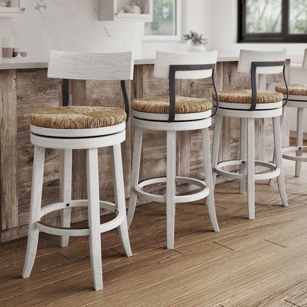 31" Wood Bar-Height Bar Stool with Natural Seagrass Seat, Reclaimed White. Picture 7