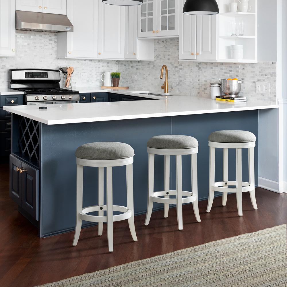 26in. Counter-Height Wood Backless Barstool with Upholstered Grey Swivel Seat. Picture 7
