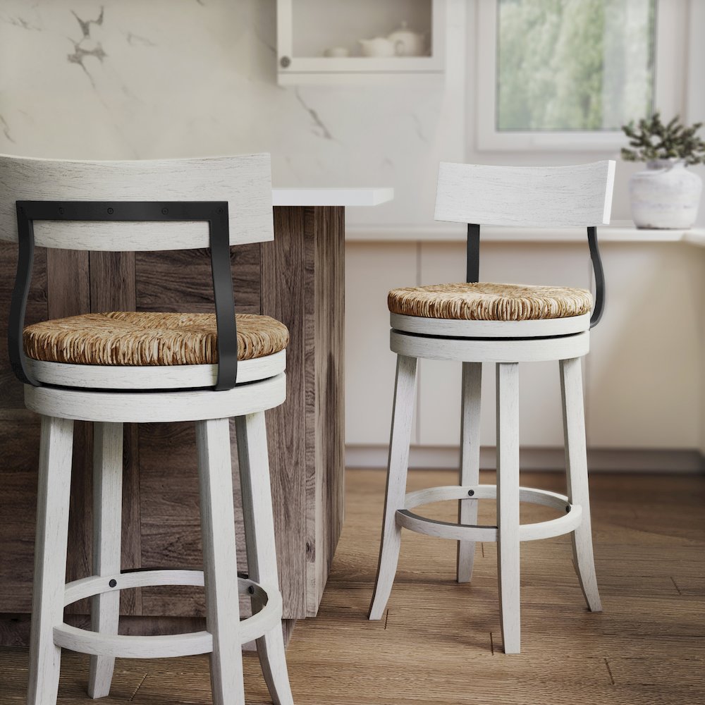 31" Wood Bar-Height Bar Stool with Natural Seagrass Seat, Reclaimed White. Picture 2