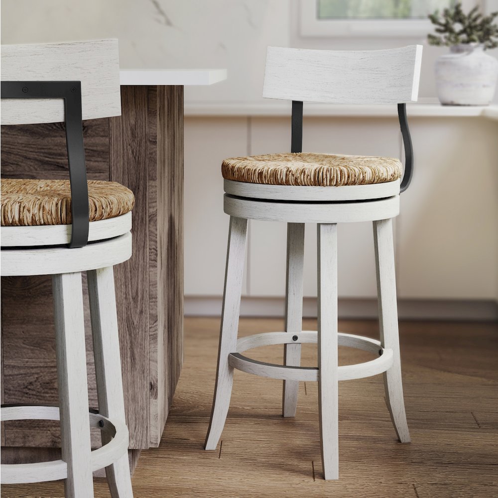 31" Wood Bar-Height Bar Stool with Natural Seagrass Seat, Reclaimed White. Picture 8