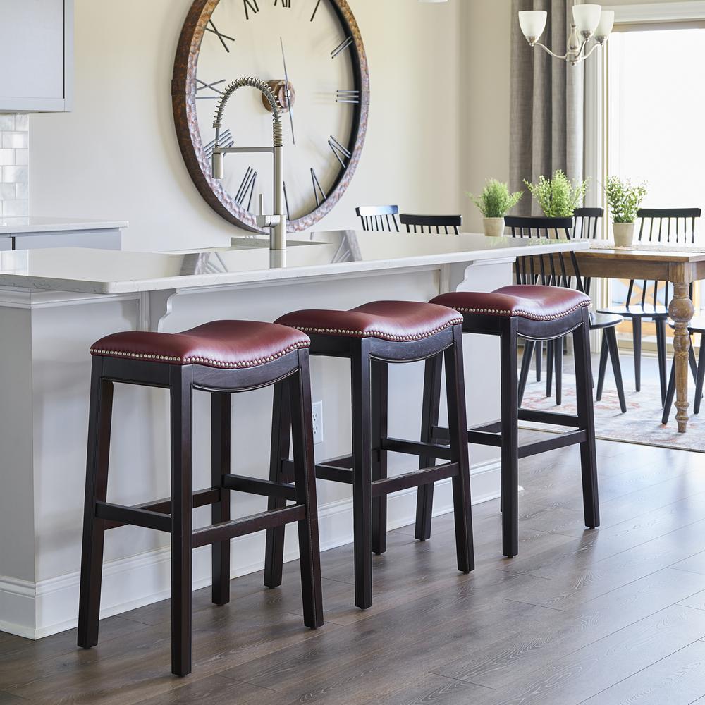 31in. H Bar-Height Wood Barstool with Red Faux-Leather Seat. Picture 7