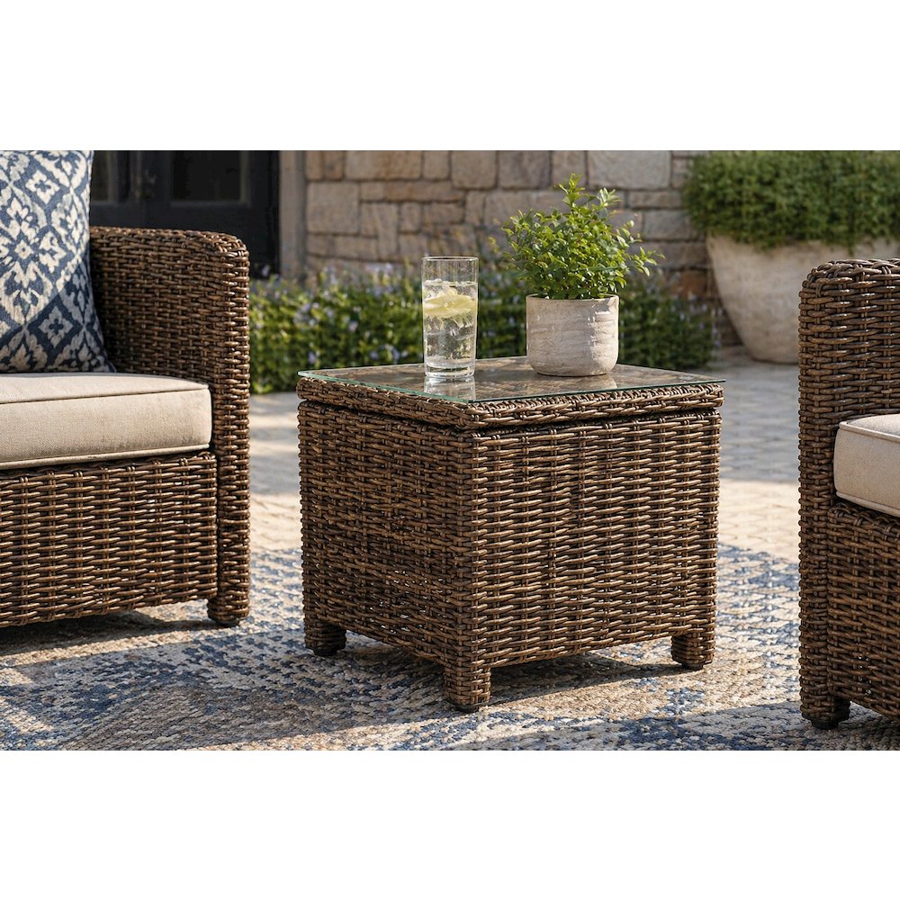 Weathered Brown Outdoor Wicker Rectangular Side Table for Patio Use. Picture 6