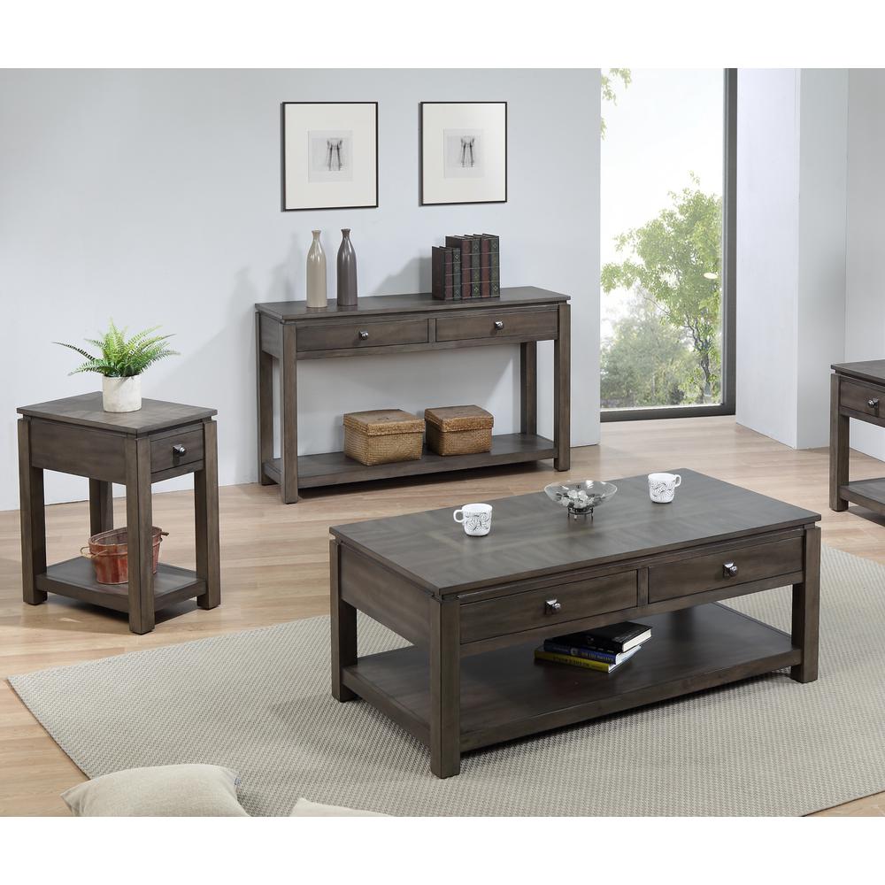 Shades of Gray 3 Piece Living Room Table Set with Drawers and Shelves. Picture 3
