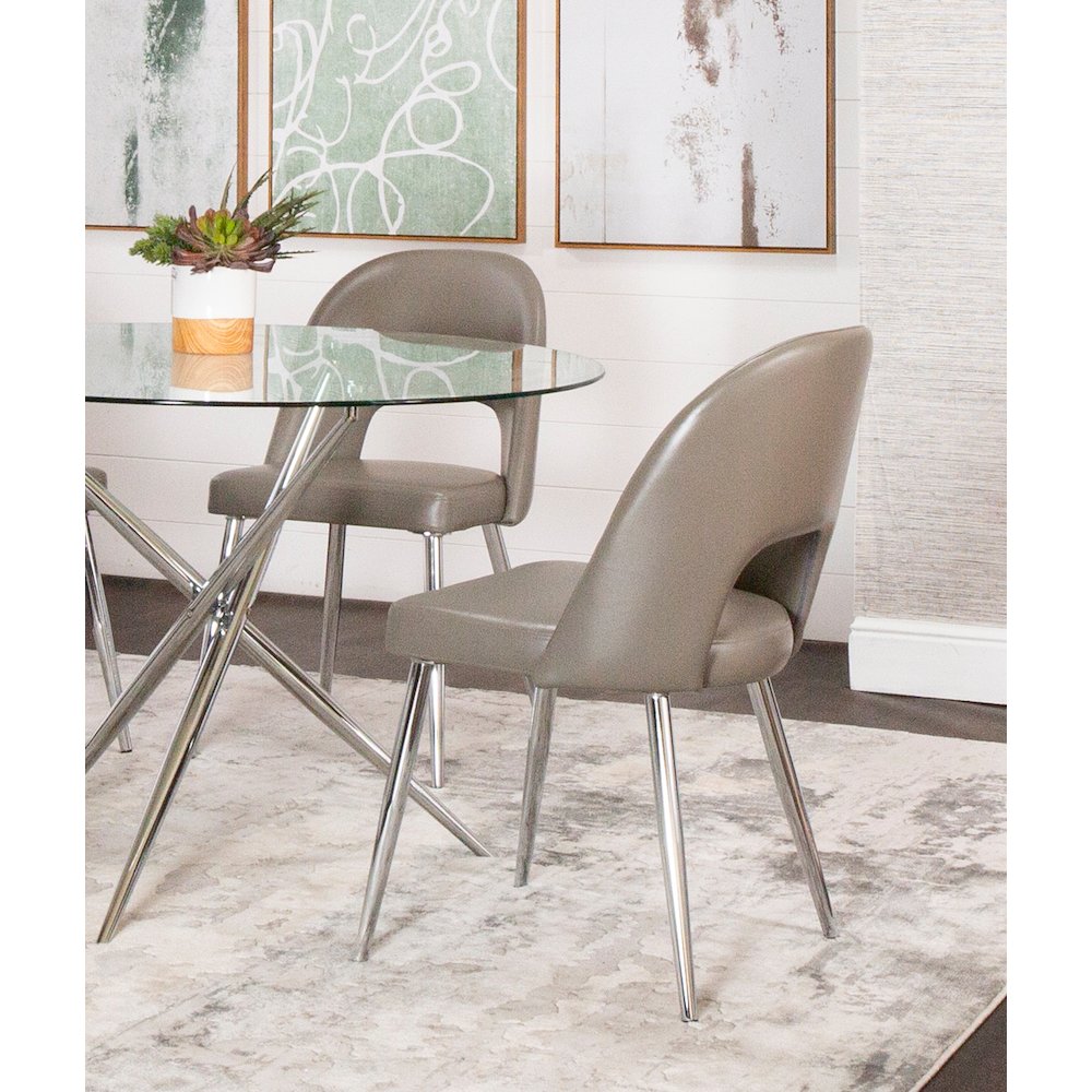 Mia Faux Leather Dining Chair, Polished Chrome Silver Tapered Legs, Mushroom. Picture 4