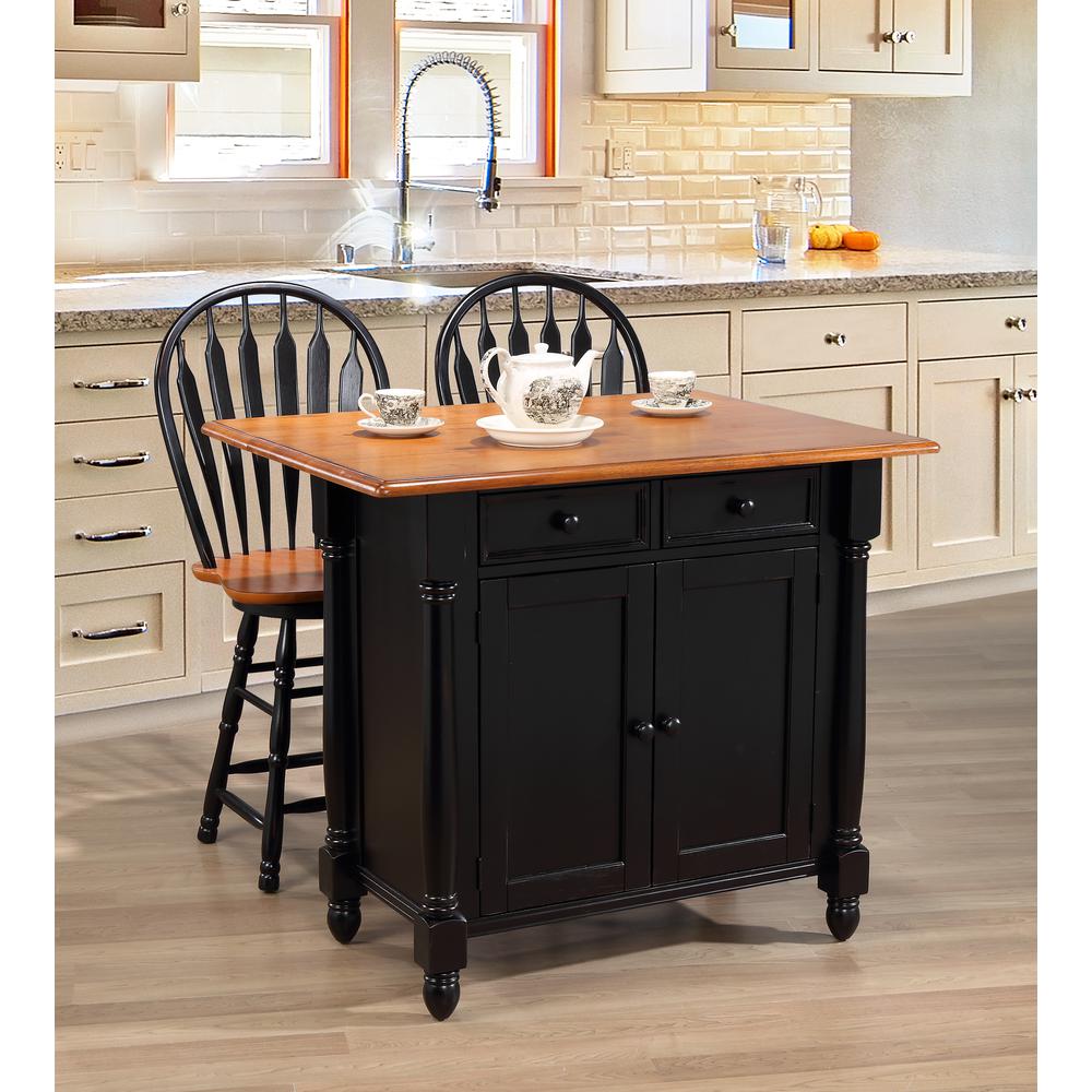 Antique Black Expandable Kitchen Island with 2 Swivel Stools. Picture 1