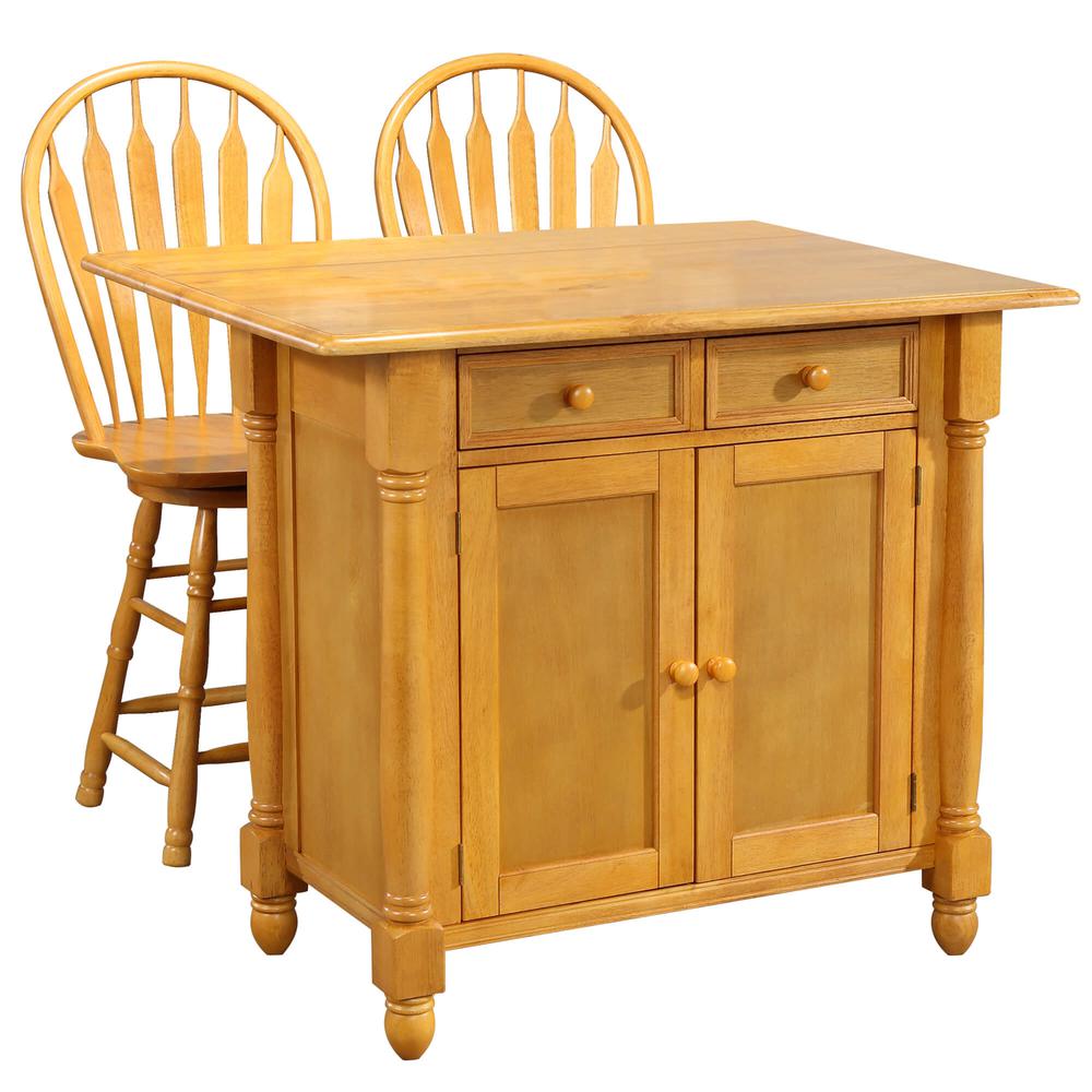 Light Oak Expandable Drop Leaf Kitchen Island with 2 Swivel Stools. Picture 5