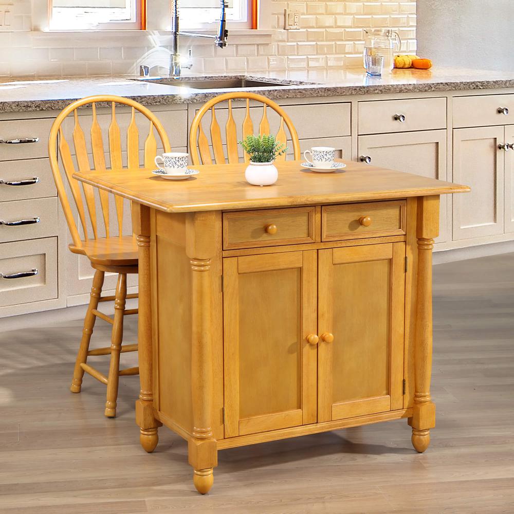 Light Oak Expandable Drop Leaf Kitchen Island with 2 Swivel Stools. Picture 6