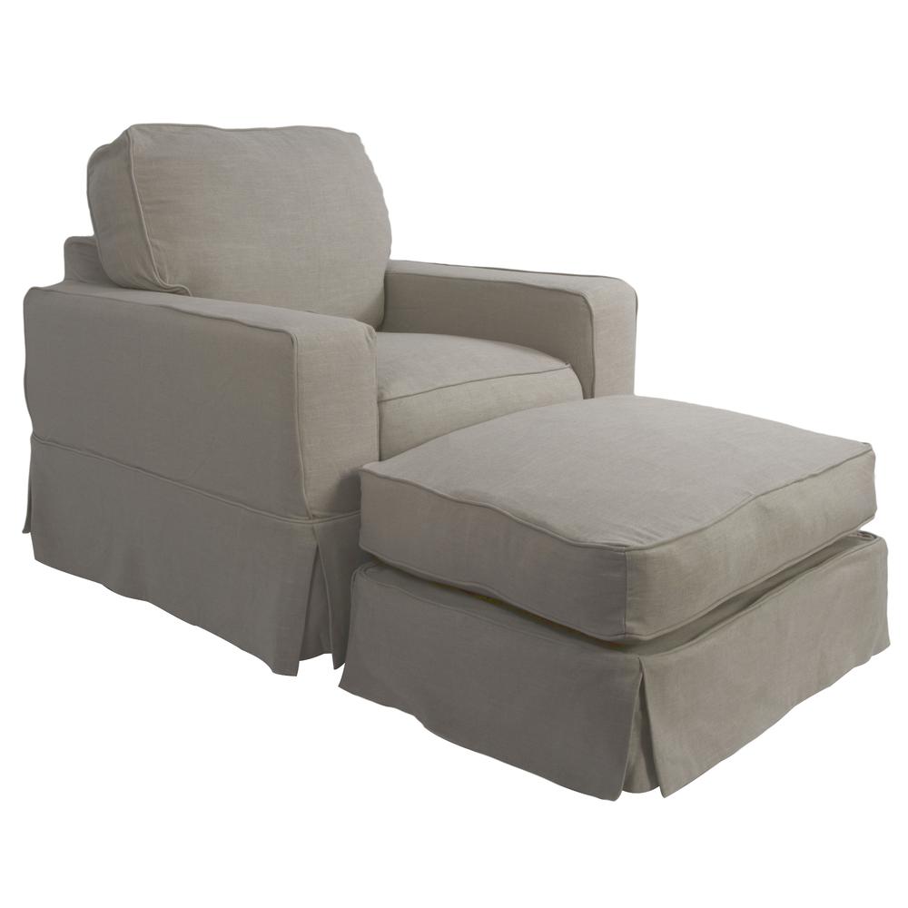 Americana Box Cushion Track Arm Slipcovered Chair and Ottoman in Light Gray. Picture 6