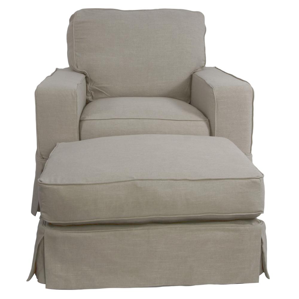 Americana Box Cushion Track Arm Slipcovered Chair and Ottoman in Light Gray. Picture 1