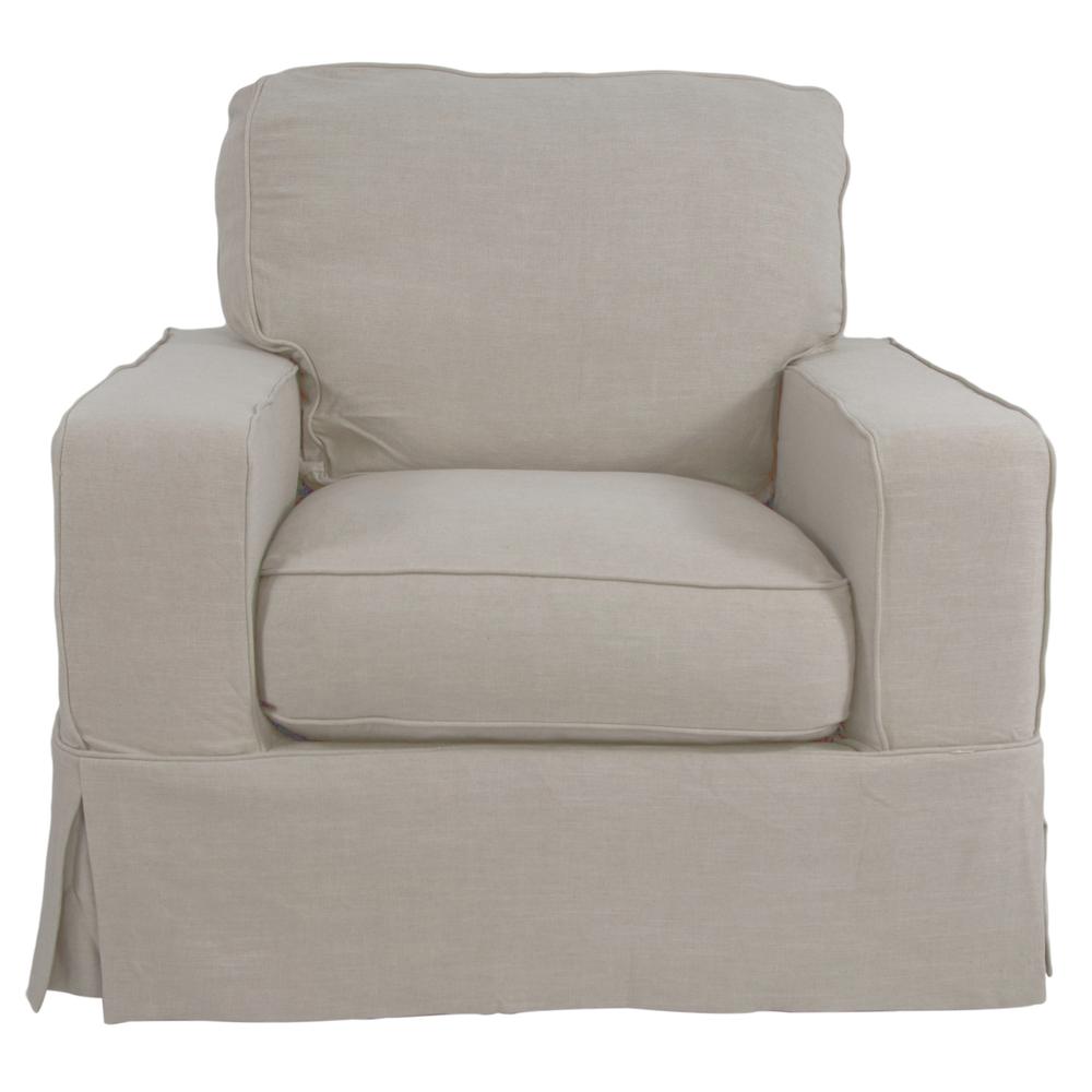 Americana Box Cushion Track Arm Slipcovered Chair and Ottoman in Light Gray. Picture 2