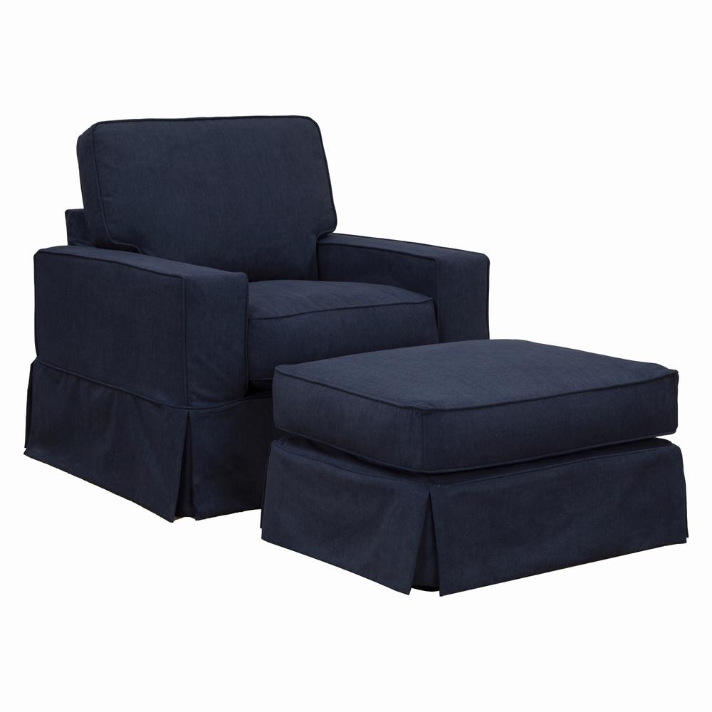 Americana Box Cushion Track Arm Slipcovered Chair and Ottoman Set. Picture 2