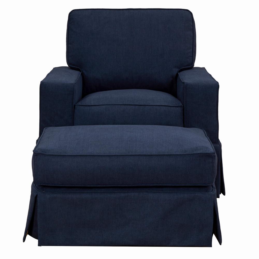Americana Box Cushion Track Arm Slipcovered Chair and Ottoman Set. Picture 1
