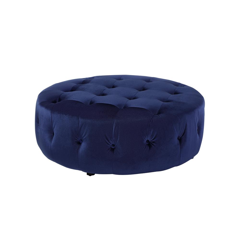 Jasper Small Round Ottoman In Navy Velvet. Picture 1