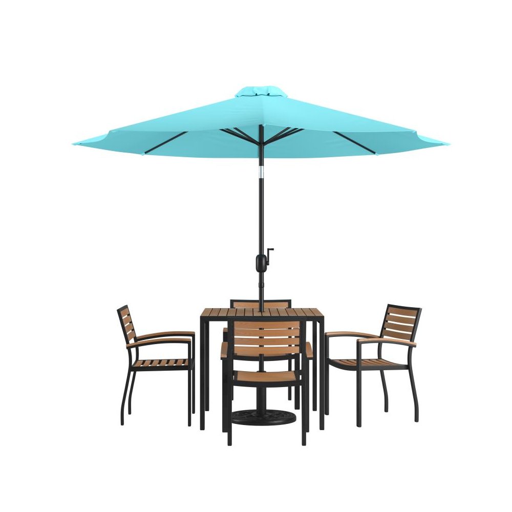7 Piece Outdoor Patio Dining Table Set with 4 Synthetic Teak Stackable Chairs, 35" Square Table, Teal Umbrella & Base. Picture 1