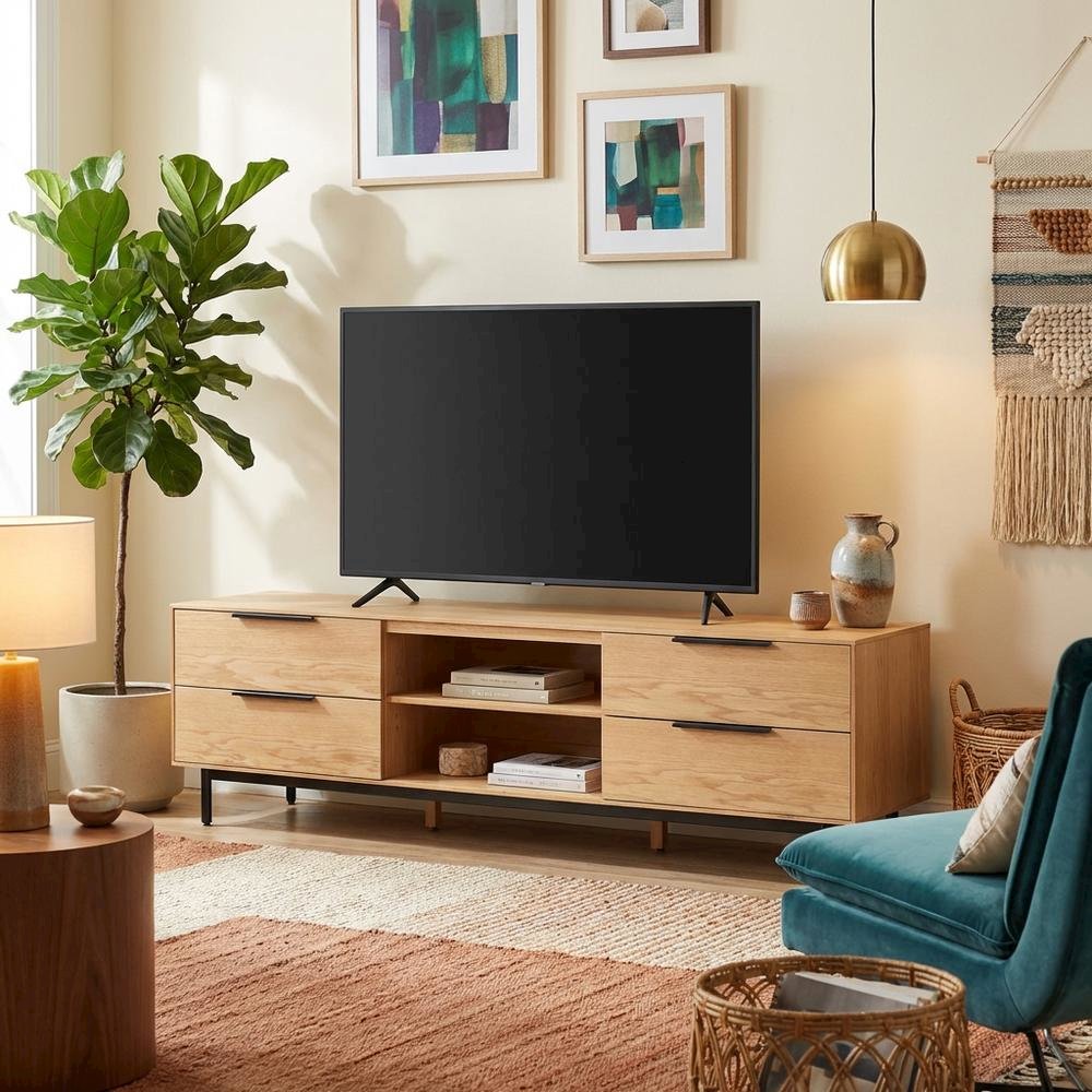 Light Oak Modern TV Console with Sleek Design and Ample Storage. Picture 3