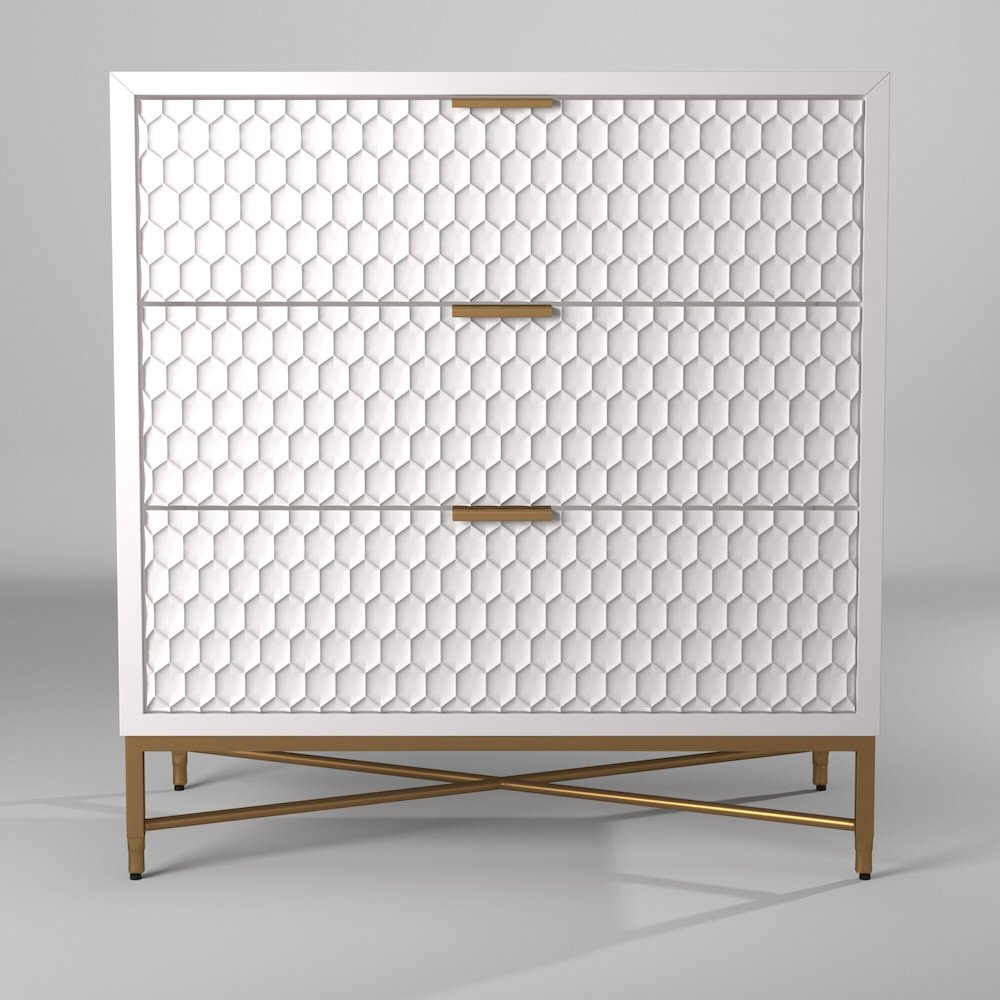 White Small 3-Drawer Chest with Gold Accent Legs and Textured Drawers. Picture 2