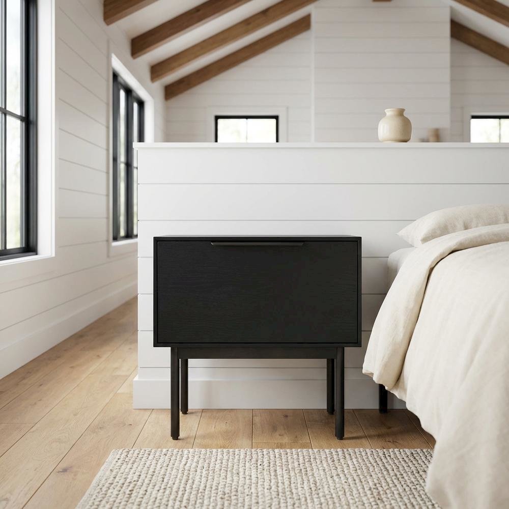 Black modern nightstand with mahogany wood veneer and spacious drawer. Picture 2