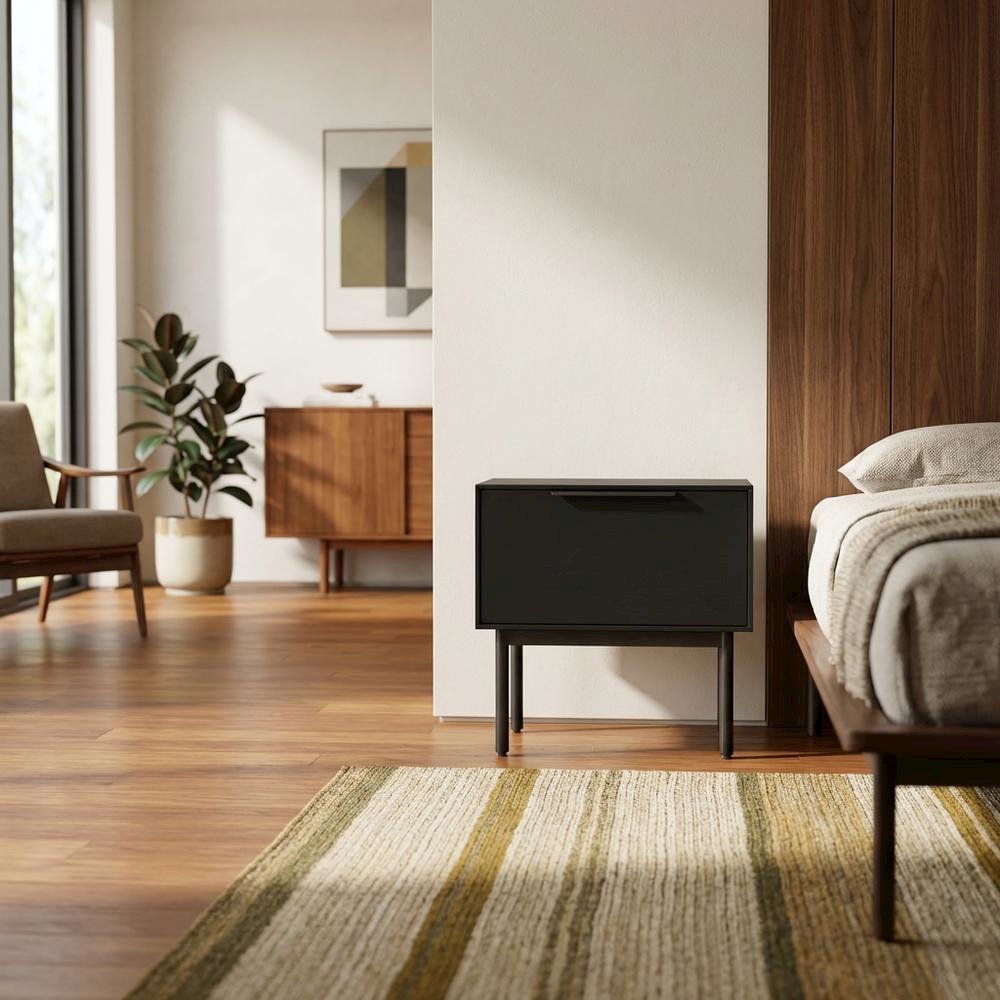 Black modern nightstand with mahogany wood veneer and spacious drawer. Picture 3