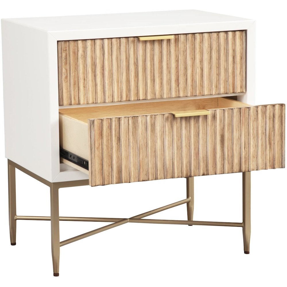 White Fluted Nightstand 2 Drawers Gold Accent Legs. Picture 3